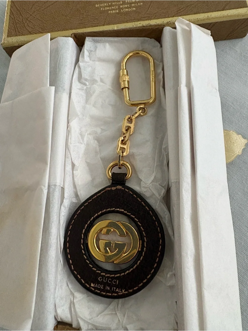 Gucci Brown and Gold Double G Leather Key Ring